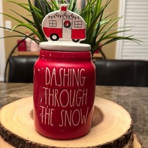 Rae Dunn DASHING THROUGH THE SNOW canister with camper topper